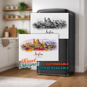May include: Two rectangular travel magnets featuring Sofia, Bulgaria. One magnet is a black and white sketch of the city, the other is a colorful watercolor painting. The text "Travel Magnet" and "+ CUSTOMIZABLE 2 STYLES AVAILABLE" are also visible.