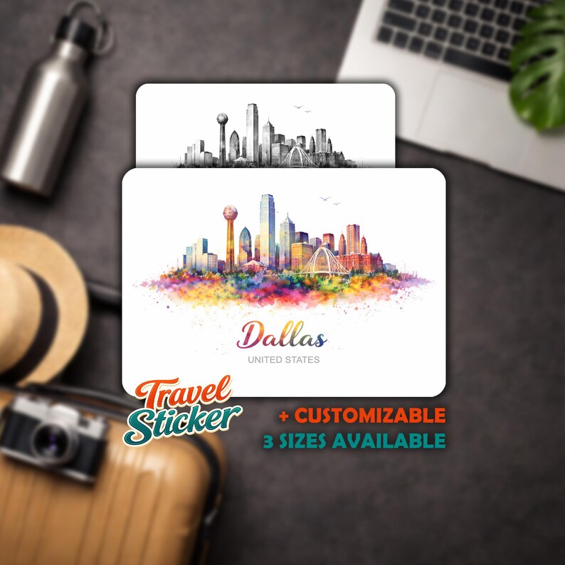 Small Dallas Sticker Personalized Dallas Skyline Decal, Watercolor Stickers, Texas Vinyl ...