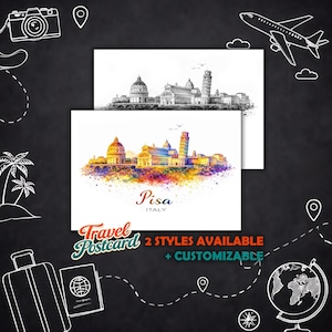Può includere: Due cartoline di viaggio con la città di Pisa, Italia. Una cartolina è un acquerello dai colori vivaci, l'altra è uno schizzo in bianco e nero. Il testo "Pisa ITALY" è visibile sulla cartolina ad acquerello. Le parole "Travel Postcard" sono anch'esse visibili.