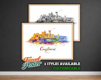 Personalized Cagliari Poster | Watercolor City Poster | Italy Skyline Art | Sardinia Wall Art Gift | Watercolor City Poster Print