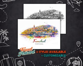 Funchal Personalized Postcard – Travel Map Portugal Postcard Illustration, Greeting Card City Postcard Souvenir Gift Card Holiday Card