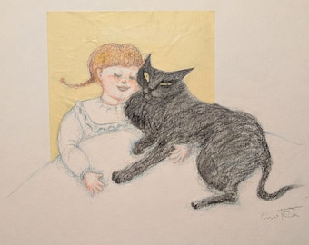 Secret Friend – Original Zeichnung, Kind und Katze Illustration, emotionale minimalistische Kunst