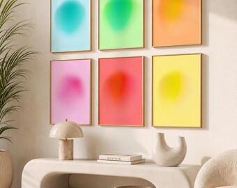 Positive Aura Wall Art Set of 6, Spiritual Printable Posters, Colorful Gradient Prints, Trendy Boho Wall Decor, Digital Download