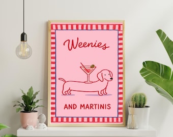 Dackel Martini Wandkunst, Preppy Hund Print, Pink Cocktail Dekor (digitaler Download)