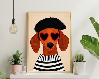 Französischer Dackel Druck, Dackel Hund, Pariser Hund Illustration (digitaler Download)