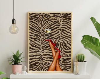 Chic Zebra Fashion Print, Red Heels Martini Glaskunst (digitaler Download)