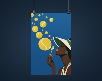 Retro Tennis Portrait Print, Blue Yellow Sports Art (Digital Download)