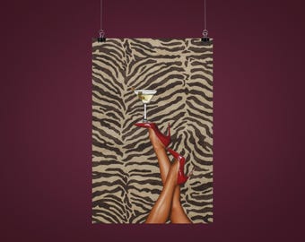 Chic Zebra Fashion Print, Red Heels Martini Glass Art (Digital Download)