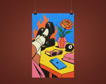 Funky Wall Art, Retro Pop Art Poster, Colorful Maximalist Print, 8 Ball Fashion Decor