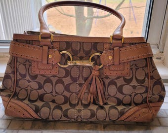 Coach Signature Canvas Tote Bag Brown Leather Trim Shoulder Bag Tassel Purse Style 10507