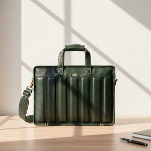 May include: A dark green leather briefcase with a padded front panel and a top handle. The bag has a detachable shoulder strap and gold-coloured hardware. The briefcase is on a wooden surface.