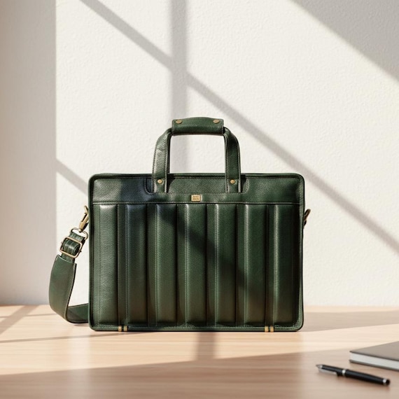 Luxury Men’s Green Full-Grain Leather Work Briefcase | 14–15.6" Laptop Compatible | Stylish Office & Travel Bag with Trolley Sleeve