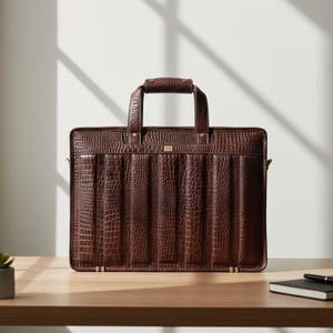 Puede incluir: Un malet&iacute;n de cuero marr&oacute;n con textura de piel de cocodrilo. El malet&iacute;n tiene un asa y forma rectangular. Est&aacute; sobre un escritorio de madera. Una peque&ntilde;a planta y un cuaderno tambi&eacute;n est&aacute;n en el escritorio.