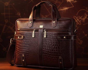 Maletín de cuero de grano completo de primera calidad para hombre / Bolso para portátil de 15,6" con relieve de cocodrilo para el trabajo, los negocios y los viajes / Herrajes duraderos y diseño elegante