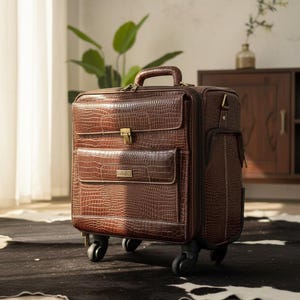 Könnte beinhalten: Ein brauner Rollkoffer mit einer Textur aus Kunstkrokodilleder. Das Gepäck hat einen Griff, eine Vordertasche und einen goldfarbenen Verschluss. Der Koffer steht auf einem schwarz-weiß gemusterten Teppich.