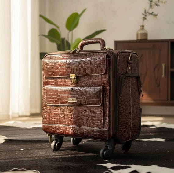Handcrafted Luxury Leather Trolley Bag for Professionals, Croc-Embossed Cabin Luggage with Spinner Wheels, Telescopic Handle & Smart Storage