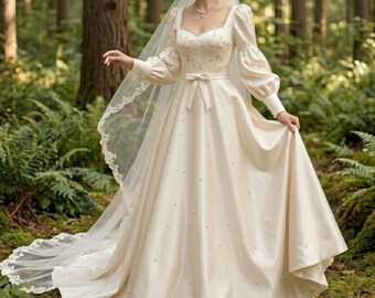Vestido de novia vintage de satén con perlas | Vestido de novia con mangas abullonadas al estilo francés