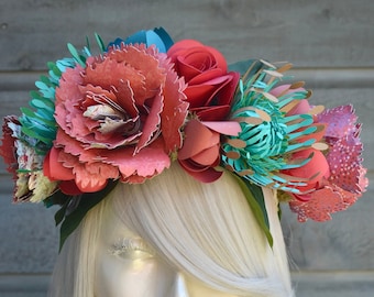 Handmade Paper Flower Wreath, Hair Accessory, Headband, Headpiece, Moana, Rose, Tropical, Flower Crown, Goddess, Nymph, Queen, Fairy.