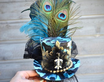 Steampunk Top Hat, Alice in Wonderland, Tea Party Hat, Peacock, Victorian, Steampunk, Bridgerton Cosplay, Costume, Fascinator, Mad Hatter.