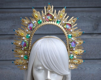 Gold Seashell Sunburst Mermaid Halo Crown, Headpiece, Seashell Crown, Siren Headdress, Sun Headband, Costume, Goddess, Festival , Lolita.
