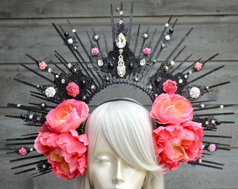 Black and Pink Sunburst Pink Rose Halo Crown, Spike Headpiece, Gothic Crown, Saint, Day of the Dead Headdress, Headband, Goddess, Lolita.