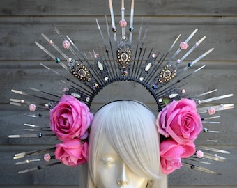 Black and Silver Sunburst Pink Rose Halo Crown, Spike Headpiece, Gothic Crown, Saint, Day of the Dead Headdress, Headband, Goddess, Lolita.