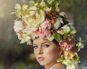 Custom Large Flower Headpiece, Floral Headdress, Goddess, Mother Nature, Flower Headdress, Photography Prop, Fairy, Festival, Woodland Crown