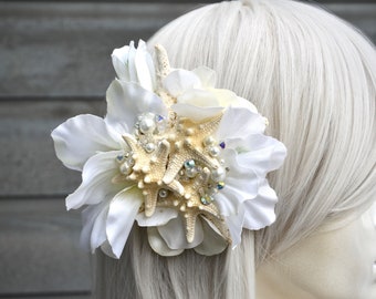 Bridal Barrette, Starfish Hair Clip, Starfish, Bridal Hair Clip, Mermaid Costume, Mermaid Barrette, Seashell, White Flower Barrette.