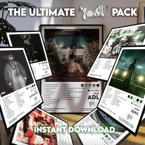 May include: The Ultimate Yeat Pack featuring album art and tracklists for multiple albums, including "Up 2 Me," "Afterlyfe," "ADL," "4L," and "2093." The posters have a variety of colors and designs, with the text "Instant Download" prominently displayed.