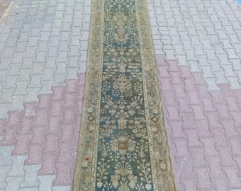 3x17 Vintage Handwoven Runner, Sage Blue & Beige Floral Oushak Rug (3'1"x16'8")