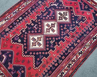 Vintage Handwoven Tribal Wool Rug, Crimson Red Navy Geometric Medallion Oriental Carpet 4'6" x 6'2"