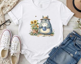 Totoro Sunflower Shirt Cottagecore Anime Inspired Nature Graphic Whimsical Garden Character Tee