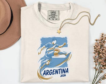 T-shirt graphique avec logo Comfort Colors® Argentina Soccer 2026, design de l'équipe des nations de football argentin, T-shirt unisexe 26' pour fans du tournoi mondial des États-Unis