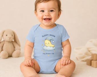 Sleepy Moon Baby Bodysuit, Tiny Dreams Club Onesie, Neutral Nursery Infant Outfit, Newborn Sleepwear
