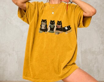 Cozy Bookish Black Cat Shirt Reading Cat Graphic Literary Lover Comfort Colors Tee