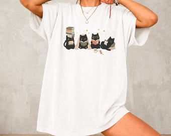 Bookish Black Cat Shirt Cozy Reader Graphic Literary Lover Comfort Colors Tee