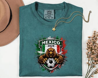 Maillot de football mascotte Comfort Colors® Mexique, t-shirt graphique cadeau du Tournoi du monde 2026, t-shirt unisexe pour fans de sport style maillot de football