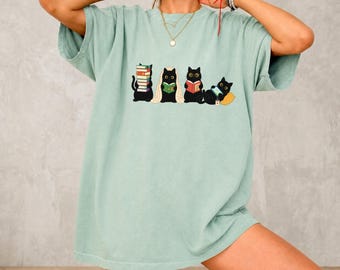Bookish Black Cat Shirt Reading Cat Graphic Literary Lover Comfort Colors Tee
