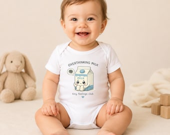 Overthinking Milk Baby Bodysuit, Tiny Feelings Club Onesie, Funny Milk Carton Infant Outfit, Neutral Baby Gift