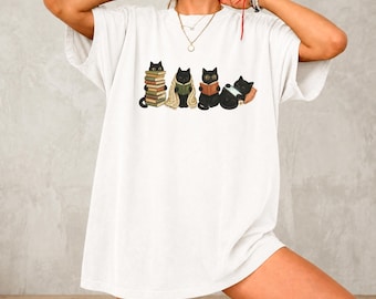 Cozy Bookish Black Cat Shirt Reading Cat Graphic Literary Lover Comfort Colors Tee
