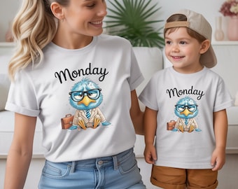 Monday Mood Bird Shirt, Funny Toddler Graphic Tee, Kids Blue Bird Humor T-Shirt Top