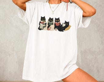 Cozy Bookish Black Cat Shirt Reading Cat Graphic Literary Lover Comfort Colors Tee