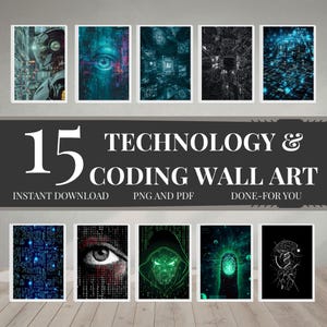 May include: A collection of 15 framed wall art prints with a technology and coding theme. The prints feature digital art with images of circuits, eyes, and futuristic figures. The text on the image reads "TECHNOLOGY & CODING WALL ART".