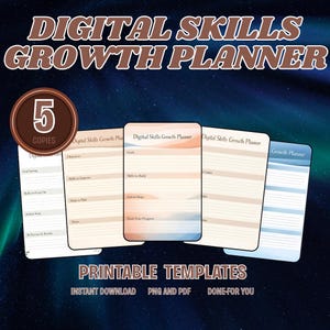 Könnte beinhalten: Eine Sammlung druckbarer Vorlagen für einen Planer zur Entwicklung digitaler Fähigkeiten. Das Design zeigt ein braunes rundes Abzeichen mit der Zahl 5 und dem Wort "COPIES". Die Planerseiten haben ein Farbverlaufsschema und den Text "Digital Skills Growth Planner".