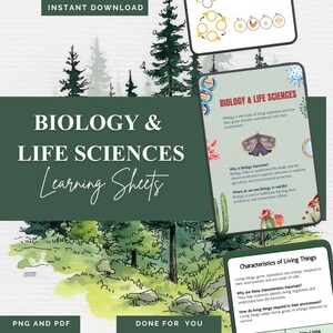 Può includere: Fogli didattici educativi per biologia e scienze della vita. I fogli presentano il titolo "BIOLOGY & LIFE SCIENCES Learning Sheets" in bianco su sfondo verde scuro. L'immagine include illustrazioni e testo su argomenti di biologia.