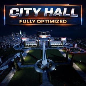 Puede incluir: Imagen digital de un ayuntamiento moderno por la noche, con las palabras "CITY HALL" y "FULLY OPTIMIZED". El edificio tiene un helipuerto y está rodeado de céspedes y árboles verdes, con un horizonte urbano al fondo.