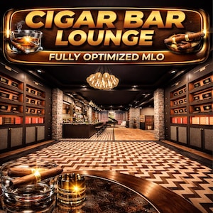 May include: An interior shot of a cigar bar lounge with the text "CIGAR BAR LOUNGE" in gold lettering. The image features a bar, shelves of cigars, and a patterned floor. A glass of whiskey and cigars are in the foreground.