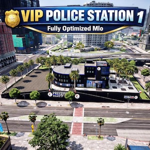Könnte beinhalten: Luftaufnahme einer modernen Polizeistation mit dem Text "VIP POLICE STATION 1" in Blau und Gold. Das Gebäude ist dunkel mit geschwungener Fassade, umgeben von Palmen und einer Stadtlandschaft.