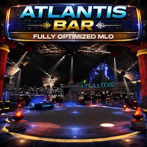 Puede incluir: Una escena digital de un bar llamado "Atlantis Bar". El bar tiene un escenario con suelo arenoso, rodeado de pilares y antorchas. El nombre del bar se muestra en luces de neón azules y doradas, con el texto "FULLY OPTIMIZED MLO" debajo.