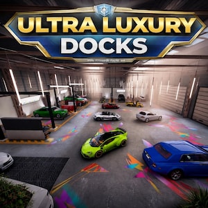 Könnte beinhalten: Ein Bild einer Garage mit mehreren Luxusautos in verschiedenen Farben, darunter Grün, Weiß, Rot und Blau. Der Text "ULTRA LUXURY DOCKS" ist oben im Bild zu sehen.